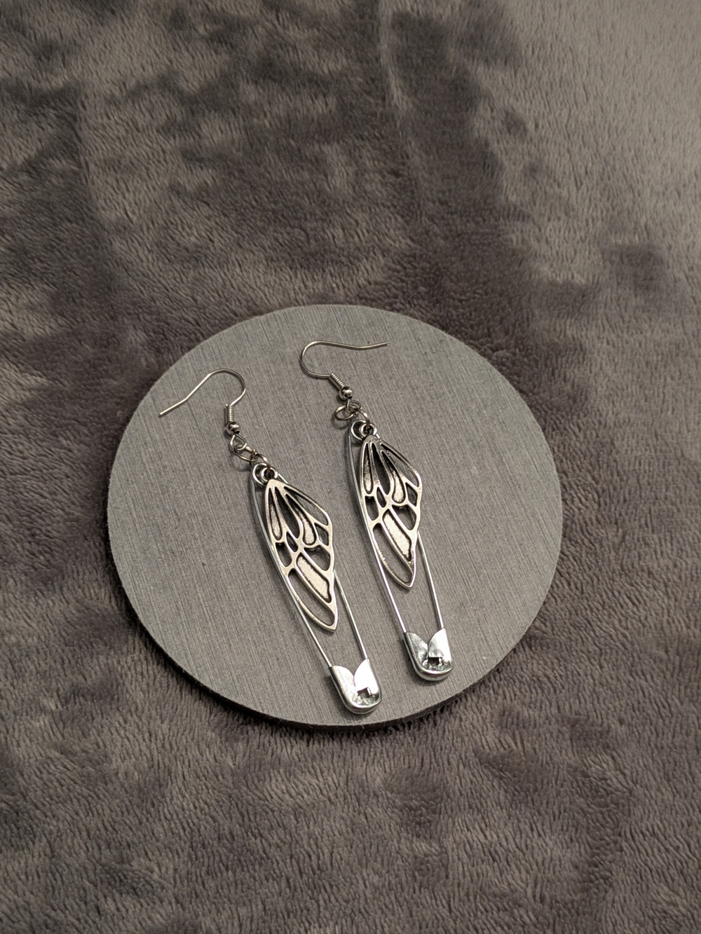 Silver Butterfly Wing Safety Pin Drop Earrings Goth Grunge  Whimsy Whimsygoth